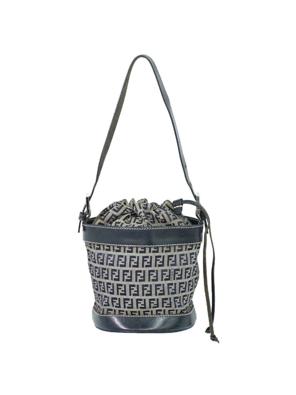 Fendi Zucchino Drawstring Shoulder Bag Canvas Leather Navy